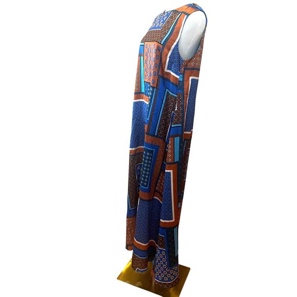 Misa Blue Patchwork Midi Dress MEDIUM Satin Vacation Aline Weekend Designer $410 - Picture 8 of 13